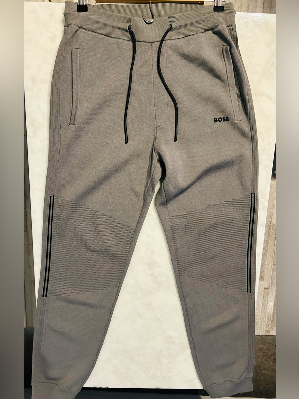 BOSS Men's Taupe Gray Jogger Sweatpants with Black Drawstrings